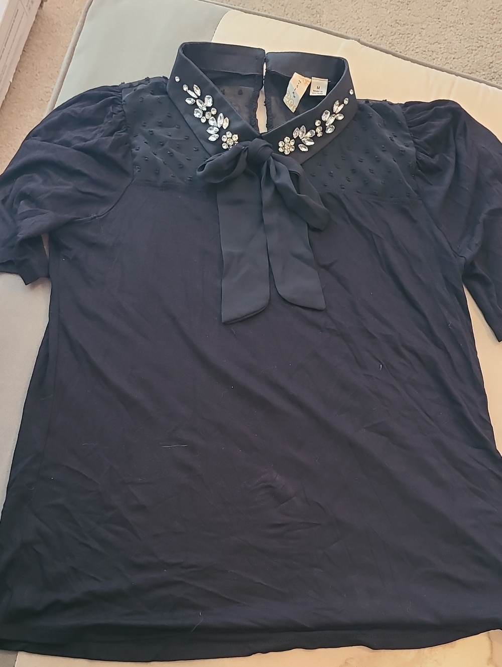 Misa Los Angeles Navy Tie-Neck Embellished Blouse